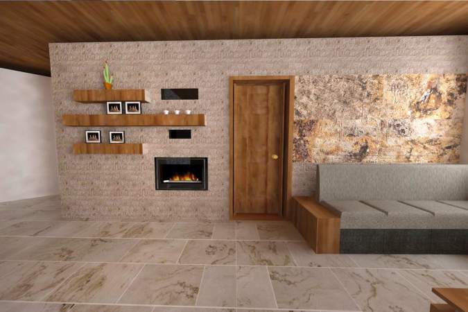 Vizualizácia steny v obývačke. Obklad Travertín KLASIK pásiky 8x10-40cm, v kombinácii s podsvietenou kamennou dyhou Indian Autumn 122x61cm