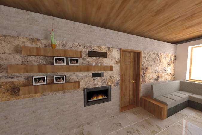 Vizualizácia steny v obývačke. Obklad Travertín KLASIK pásiky 8x10-40cm, v kombinácii s podsvietenou kamennou dyhou Indian Autumn 122x61cm
